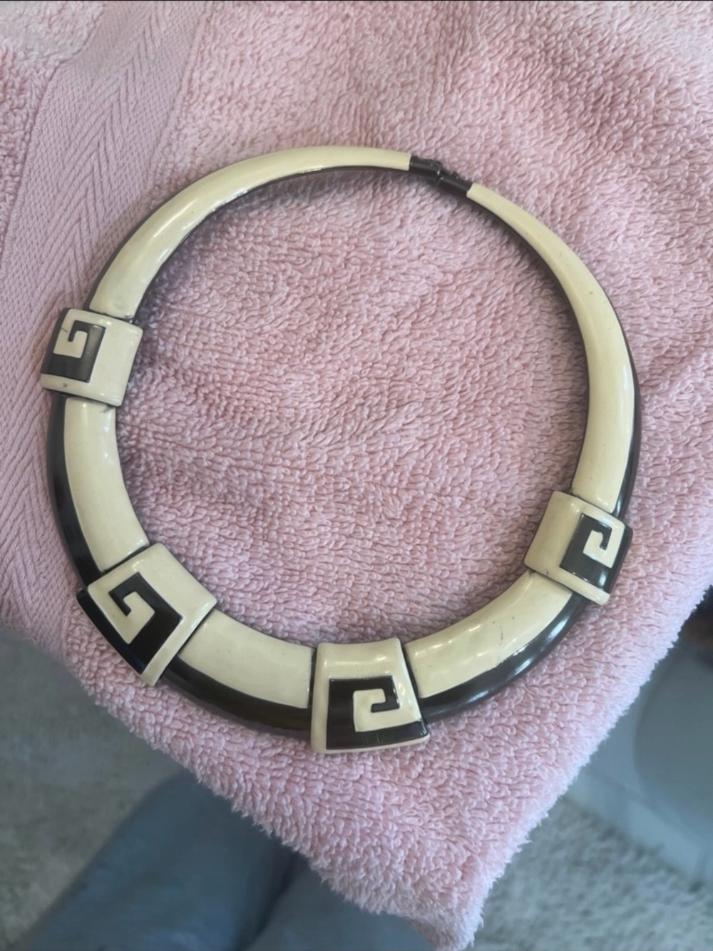 VTG 1980 MONET Runway Couture
Greek Key Ivory Metallic Grey ENAMEL
Necklace